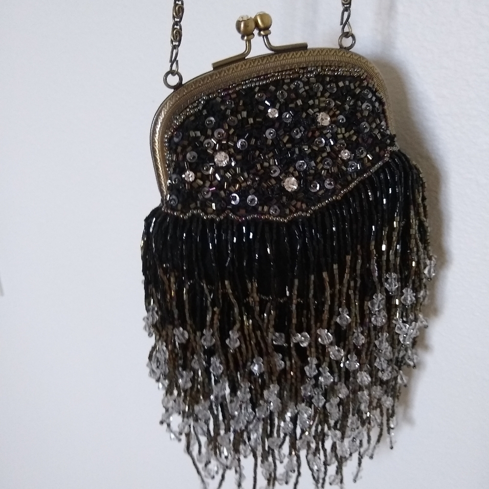 Vintage sequins beaded cascade fringe kiss lock Metal Frame
